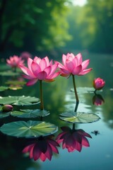 Shallow water scene with blooming pink lotus flowers in full bloom, clear reflections, peaceful surroundings