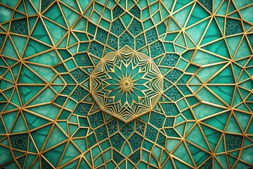 Intricate Geometric Teal and Gold Pattern An Artistic Representation of Tessellated Design with Central Floral Motif