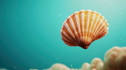 ocean conservation marine regeneration concept. A colorful scallop shell floats gracefully in clear blue water, surrounded by soft coral formations, creating a serene underwater scene.
