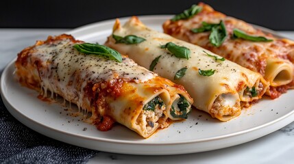 Baked Cannelloni Pasta Dish Served On White Plate With Tomato Sauce And Cheese