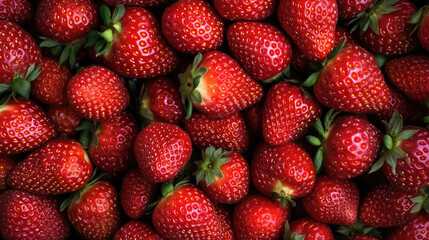 A full-frame close-up of a dense pile of fresh, ripe strawberries, their bright red color