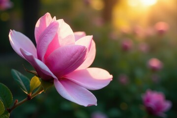 Obraz premium Softly glowing rose violet magnolia blooms in sunlight, garden, petal