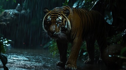 Majestic Tiger Walking Through Rain Forest