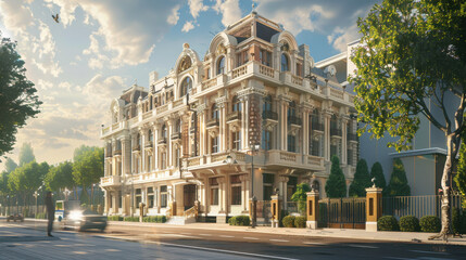 Naklejka premium Elegant historic building with ornate architecture and lush greenery