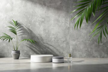 Serene Minimalist Product Display with Greenery and Subtle Lighting on a Textured Concrete Background