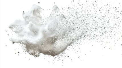 Abstract image of a burst of white foam and bubbles against a stark white background. The texture is light and airy, with a sense of movement and energy.