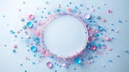 Pastel-colored spheres and sparkling dust surround a circular frame, creating a dreamy, whimsical scene perfect for festive designs.