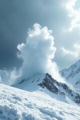 White snow powder erupts from grey sky in intense scene, mountainous, rugged, clouds