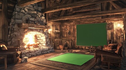 Cozy Rustic Cabin Interior with Fireplace and Green Screen