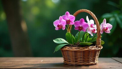 Wicker basket with an assortment of low-growing orchids, plants, floral arrangement, low lying flora