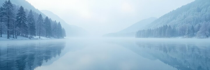 White vapor rises above a frozen lake on a winter scene background, foggy, lake, ice