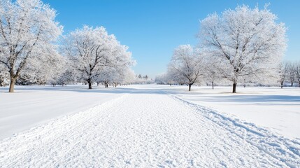 Fototapeta premium Snow-covered path winds through frost-covered trees in a quiet park under a clear blue sky on a bright winter day.