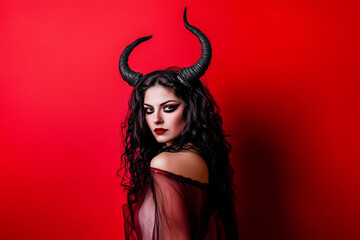 Beautiful woman in Halloween devil costume with horns isolated