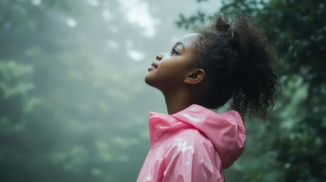 A Young Girl in a Pink Raincoat Gazes Upwards in a Misty Forest