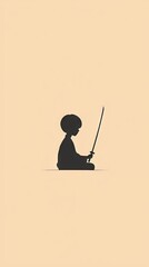 Boy sits with sword training in minimal beige background. Concept for focus, samurai, warrior, or meditation