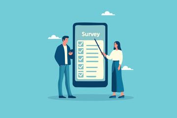 Digital Feedback, A Man and Woman Using Smartphones to Complete an Online Survey Checklist Efficiently