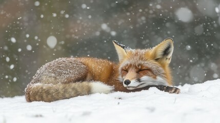 A red fox naps peacefully in the snow, its fur dusted with snowflakes. The serene scene is filled with soft, muted colors.