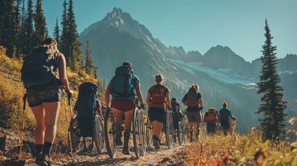 Hikers and wheelchair users ascend a mountain trail