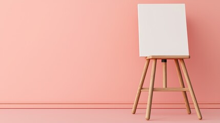Blank canvas on wooden easel against a soft pink wall, creating a serene artistic space