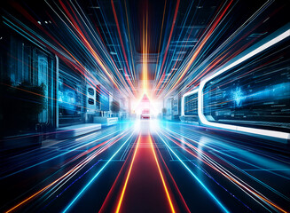 Fototapeta premium A vibrant futuristic corridor stretches into the distance, illuminated by dynamic blue and orange light trails, creating a digital and technological atmosphere.