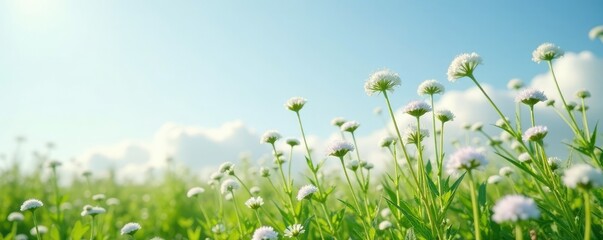Fototapeta premium Clusters of small buckwheat flowers against light blue and gray sky with few clouds, green, gray