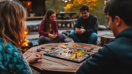 Friends playing a board game by a campfire