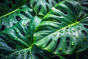 Fototapeta premium Lush Green Foliage with Morning Dew Drops A Close-Up of Vibrant Tropical Leaves Showing Water Beads on Their Surface