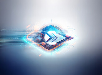 Fototapeta premium A stylized eye graphic with a forward arrow in the center conveys a futuristic and technological concept. The design features a dynamic motion blur effect with vibrant blue and orange accents against