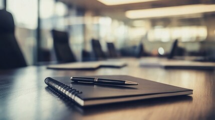 Business Meeting Preparation: Notebook and Pen on Conference Table