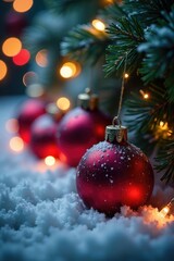 Obraz premium Colorful Christmas ornaments under twinkling lights, soft glow, winter wonderland