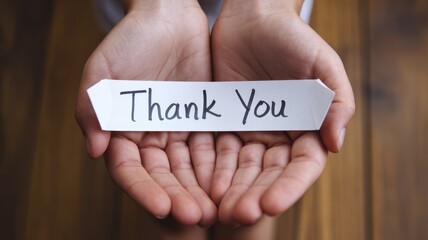 Open hands holding a thank you note message