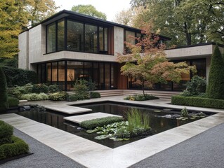 Modern Landscape Design with Geometric Water Features and Lush Greenery

