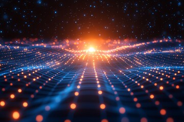 Fototapeta premium Glowing Blue Grid Pattern on Black Background with Central Glow, Creating a Perspective Grid Effect