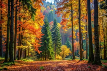 Obraz premium Autumnal Woodland Path, Golden Sunlight Filtering Through Vibrant Foliage, Creating a Magical Atmosphere