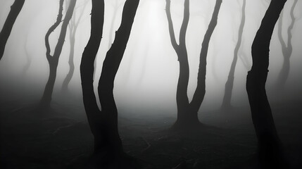Naklejka premium Foggy forest, dark trees, mystical atmosphere, background design
