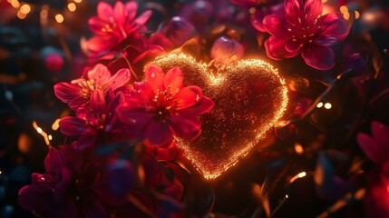 Fototapeta premium Glowing heart surrounded by red flowers.