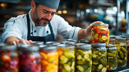 Fototapeta premium A chef placing freshly prepared pickles into a glass jar, capturing the process of fermentation