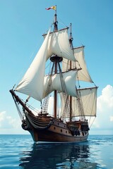 Horizontal wooden mast with billowing white sails and rope rigging, sailing ship, anchor