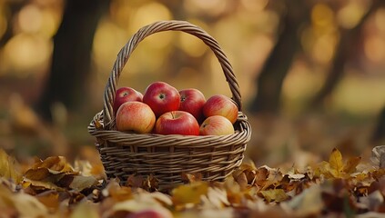 Autumn Harvest: Ripe Red Apples in a Wicker Basket Resting on Fallen Leaves Outdoors