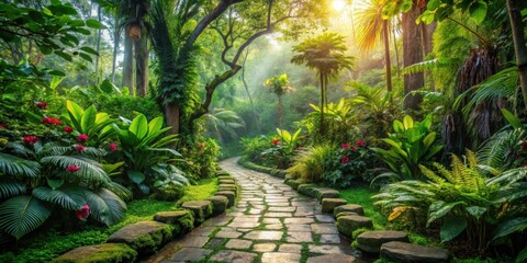Fototapeta premium Serene Stone Path Winding Through a Lush Tropical Garden Paradise at Sunrise