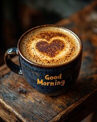 A charming coffee mug with the words Good Morning rests on a weathered wooden surface, topped with frothy coffee art resembling a heart, inviting a cozy start to the day.