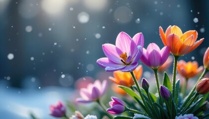 Fototapeta premium Purple and orange flowers swaying gently in the wind amidst falling snowflakes, frozen, garden, purple