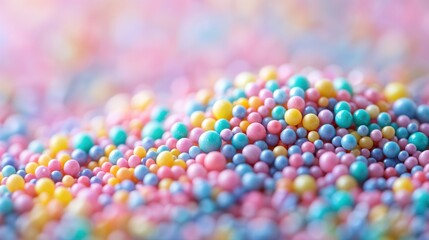 A vibrant tapestry of tiny pastel-colored beads fills the tabletop, embodying joy and creativity, as bakers prepare delightful treats in a lively kitchen.