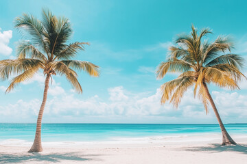 Fototapeta premium Palmeras en verano en una playa de México aisladas sobre un fondo azul