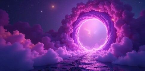 Purple mist swirls around glowing violet portal, rays, swirl, background