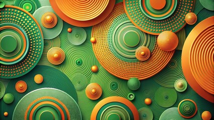 Abstract Green and Orange Concentric Circles with Three Dimensional Sphere Pattern Design