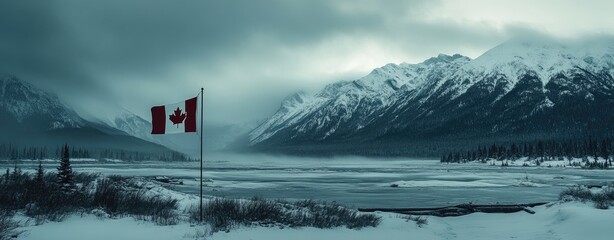 Majestic Canadian Flag Waving in Front of Stunning Snowy Mountains