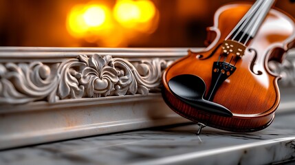 Obraz premium Classical Violin Resting on Ornate Marble Carving with Warm Golden Bokeh Background