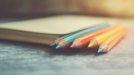 Close-up of colorful pencils resting on a notebook, bathed in warm, inviting light. A perfect image for projects related to art, creativity, and education.