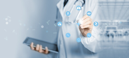 Doctor Using System Analysis treatment Healthcare Patient, Data Network via Cloud, Digital...